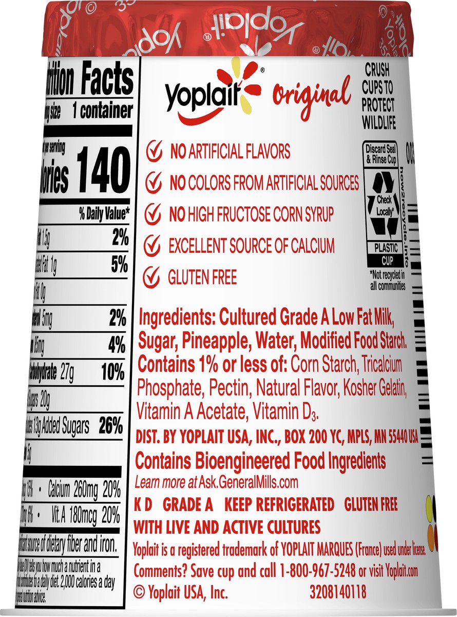 slide 4 of 9, Yoplait Original Pineapple Low Fat Yogurt, 6 OZ Yogurt Cup, 6 oz