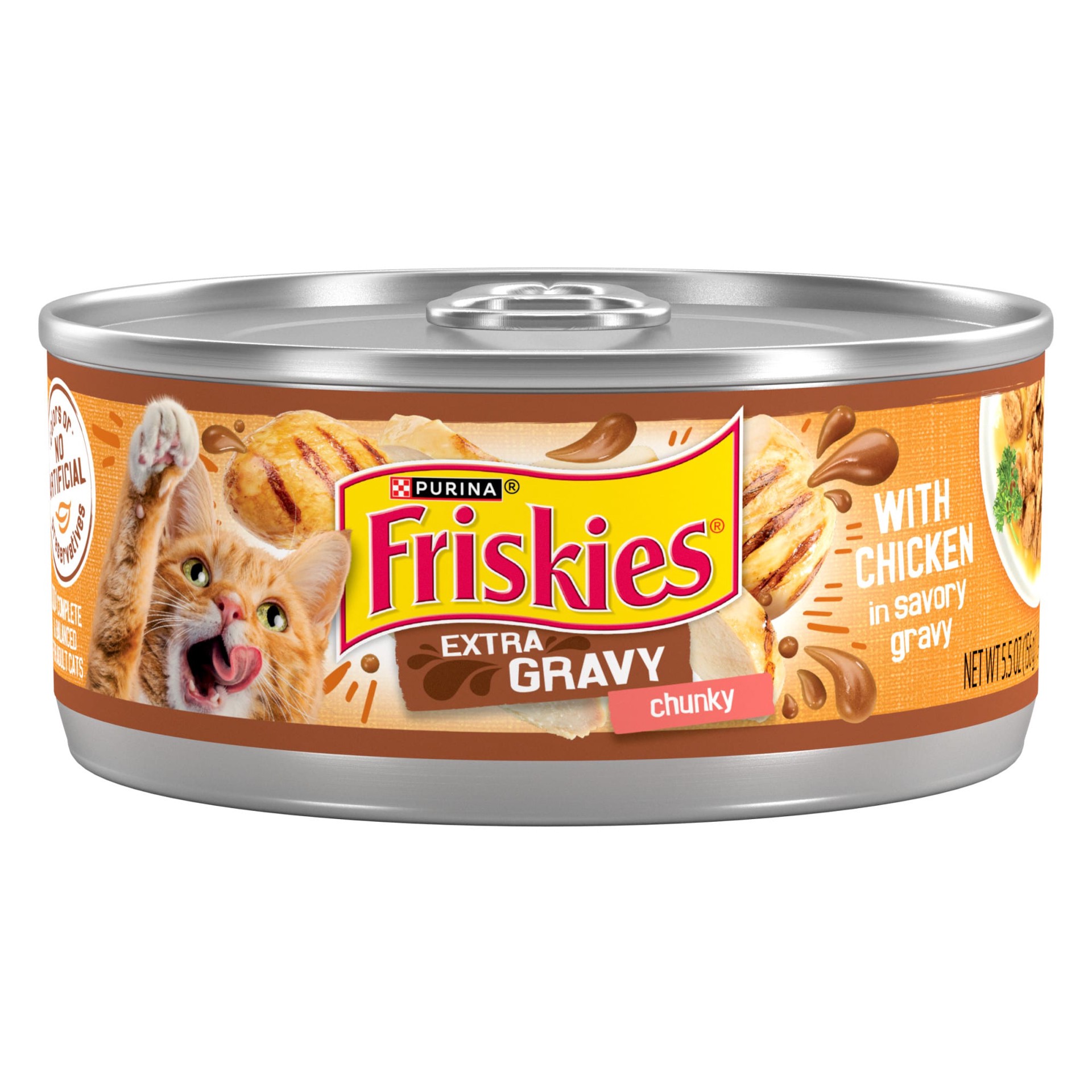 slide 1 of 7, Friskies Purina Friskies Gravy Wet Cat Food, Extra Gravy Chunky With Chicken in Savory Gravy - 5.5 oz. Can, 5.5 oz