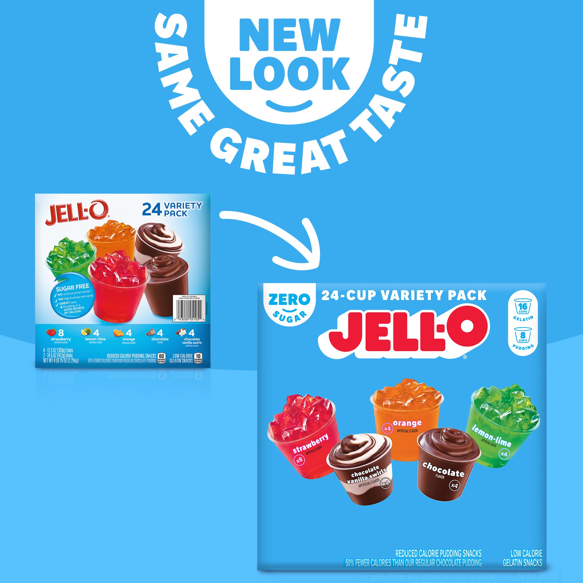 slide 5 of 5, Jell-O Strawberry, Lemon-Lime & Orange Artificially Flavored Gelatin Snacks & Chocolate & Chocolate Vanilla Swirls Artificially Flavored Pudding Cups Zero Sugar Ready-to-Eat Snacks Variety Pack, 24 ct Cups, 24 ct