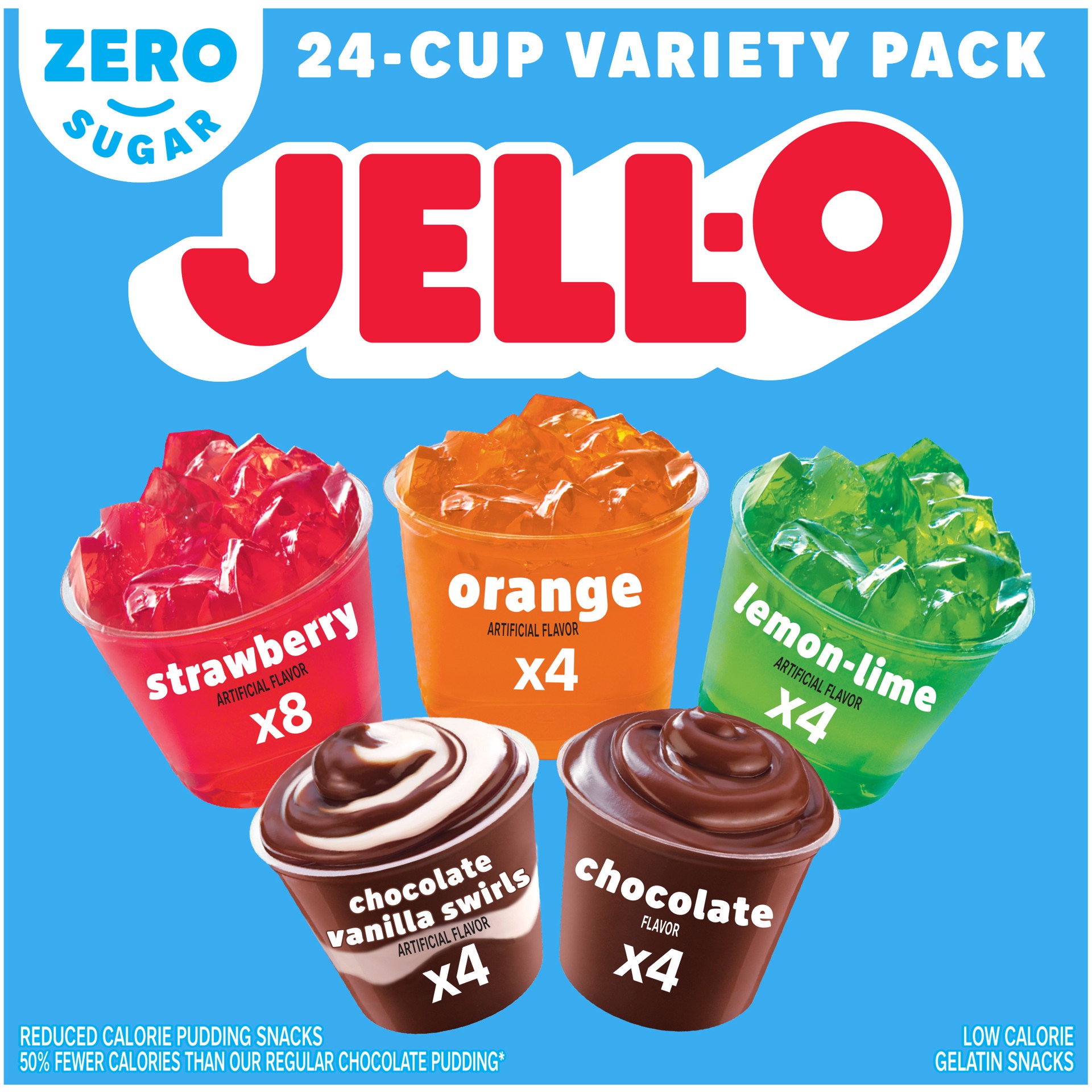 slide 1 of 5, Jell-O Strawberry, Lemon-Lime & Orange Artificially Flavored Gelatin Snacks & Chocolate & Chocolate Vanilla Swirls Artificially Flavored Pudding Cups Zero Sugar Ready-to-Eat Snacks Variety Pack, 24 ct Cups, 24 ct