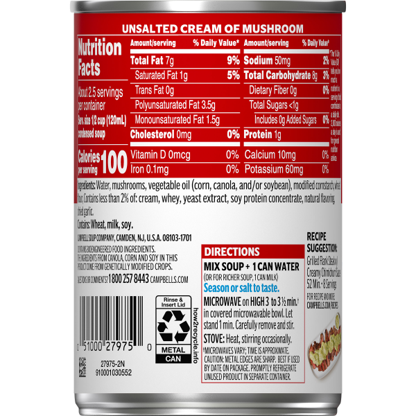 slide 14 of 21, Campbell's Condensed Unsalted Cream of Mushroom Soup, 10.5 Ounce Can, 10.5 oz