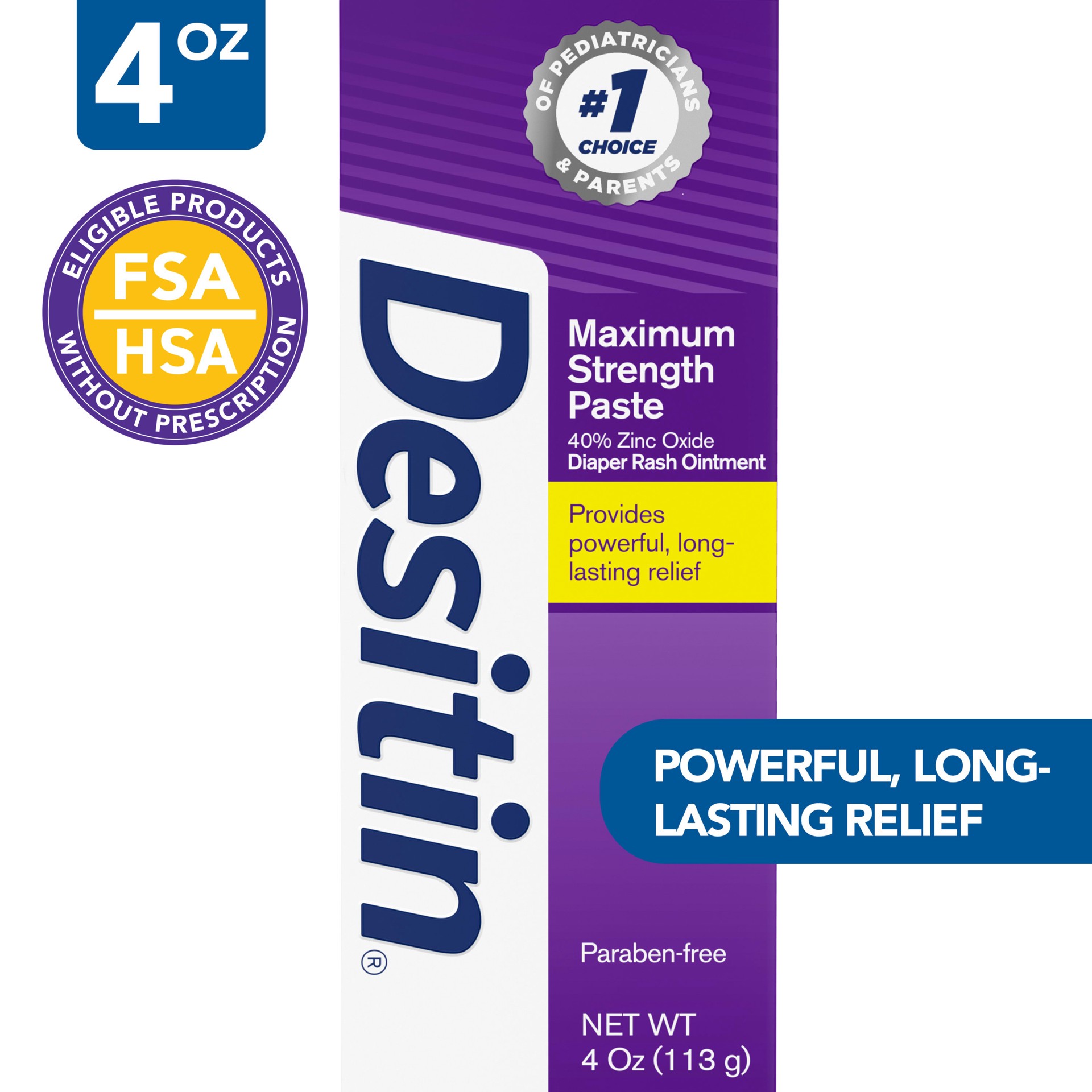 slide 1 of 7, Desitin Maximum Strength Baby Diaper Rash Cream, 40% Zinc Oxide for Treatment, Relief & Prevention, Hypoallergenic, Phthalate- & Paraben-Free Paste, Protects Skin For Up To 12 Hours, 4 oz, 4 oz