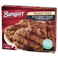 slide 6 of 17, Banquet Family Size Salisbury Steaks and Brown Gravy, Frozen Meal, 27 OZ, 6 ct