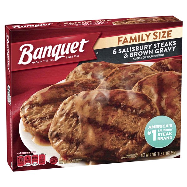 slide 16 of 17, Banquet Family Size Salisbury Steaks and Brown Gravy, Frozen Meal, 27 OZ, 6 ct