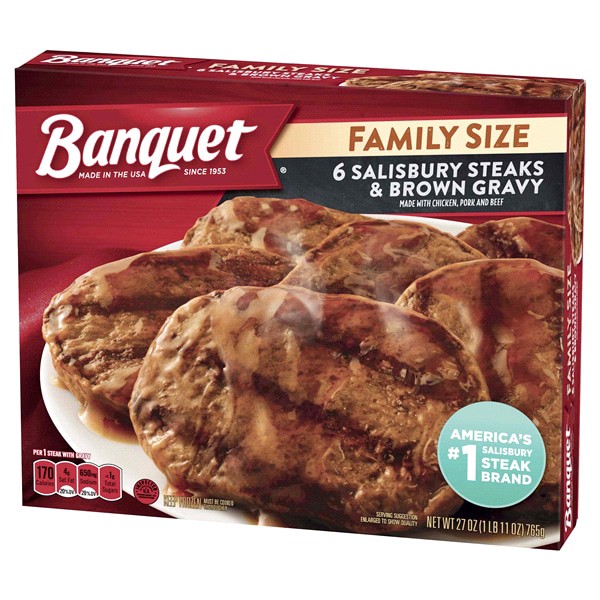 slide 9 of 17, Banquet Family Size Salisbury Steaks and Brown Gravy, Frozen Meal, 27 OZ, 6 ct