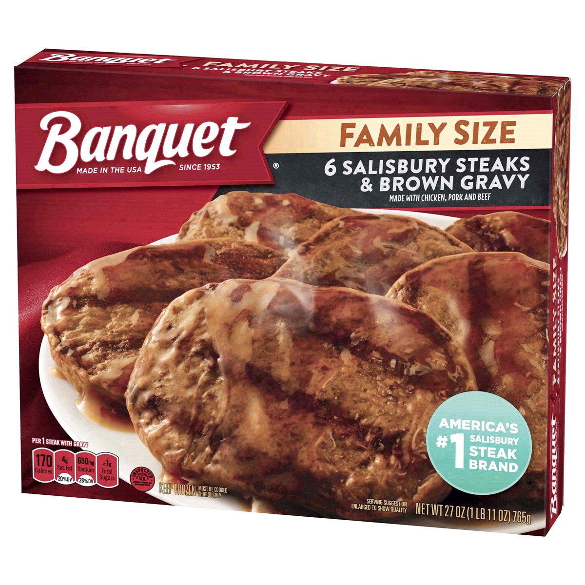 slide 10 of 17, Banquet Family Size Salisbury Steaks and Brown Gravy, Frozen Meal, 27 OZ, 6 ct