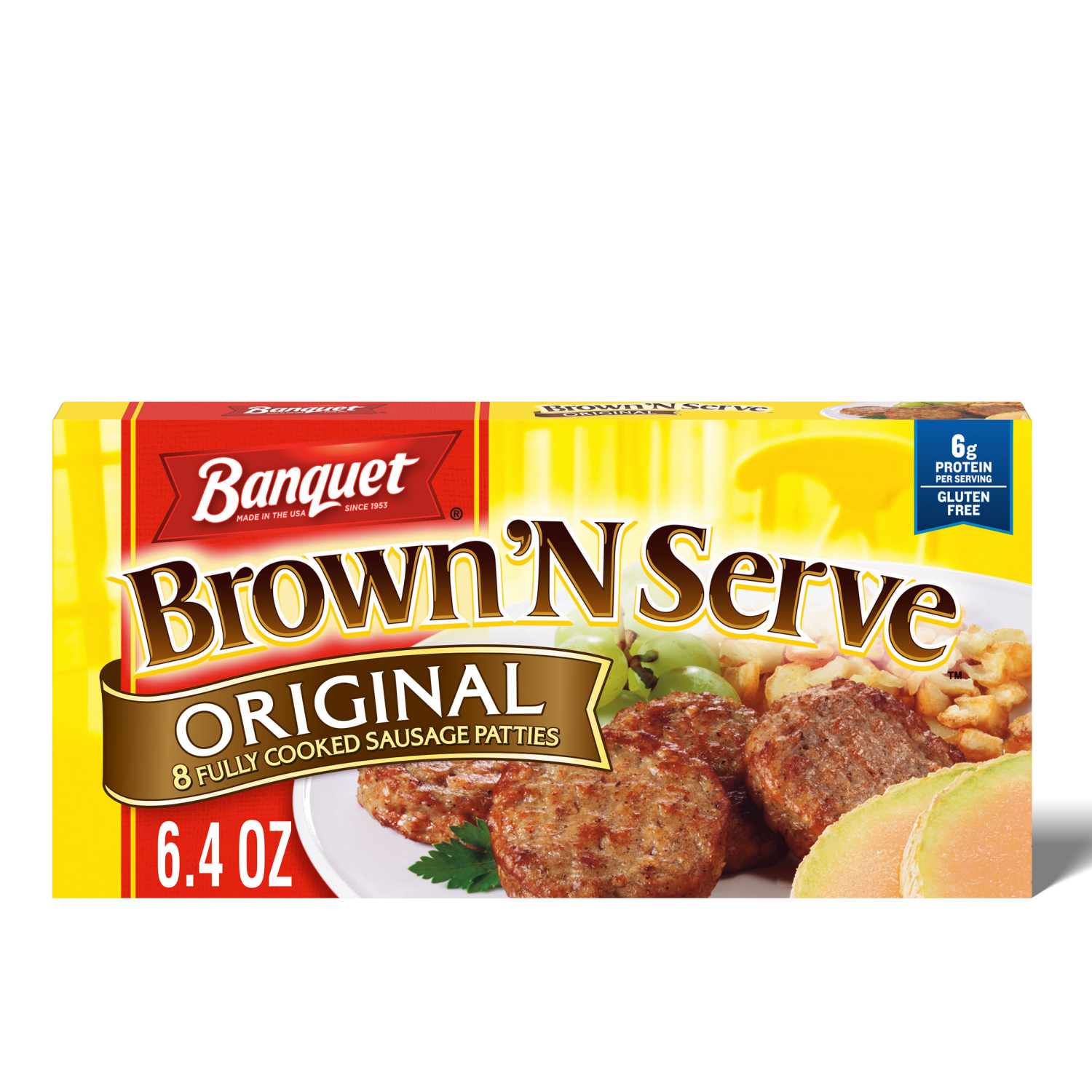 slide 1 of 5, Banquet Brown ‘N Serve Original Fully Cooked Sausage Patties, Frozen Meat, 8 Count, 6.4 OZ, 8 ct