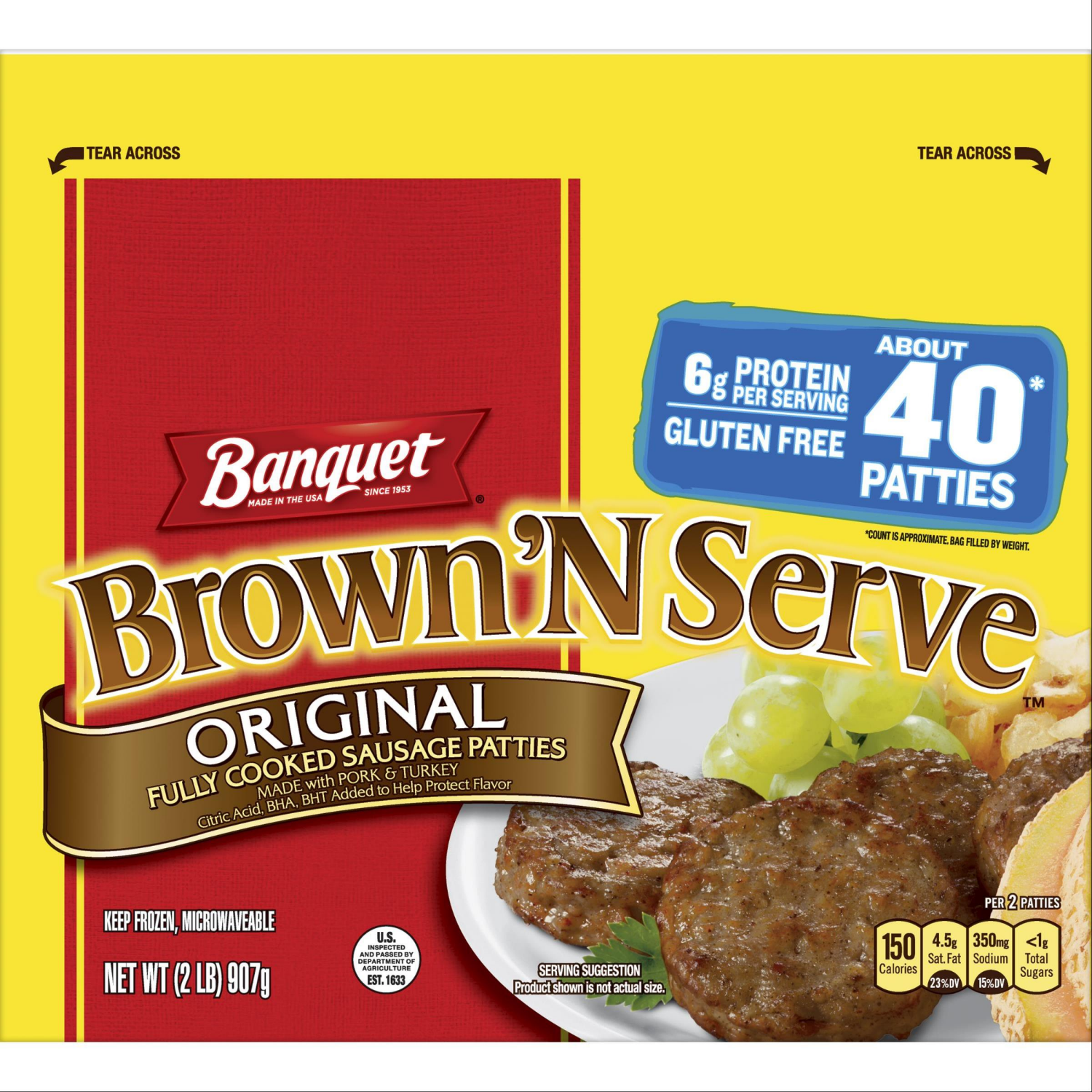 slide 1 of 2, Banquet Brown ‘N Serve Original Fully Cooked Sausage Patties, Frozen Meat, 40 Count, 32 OZ, 2 lb