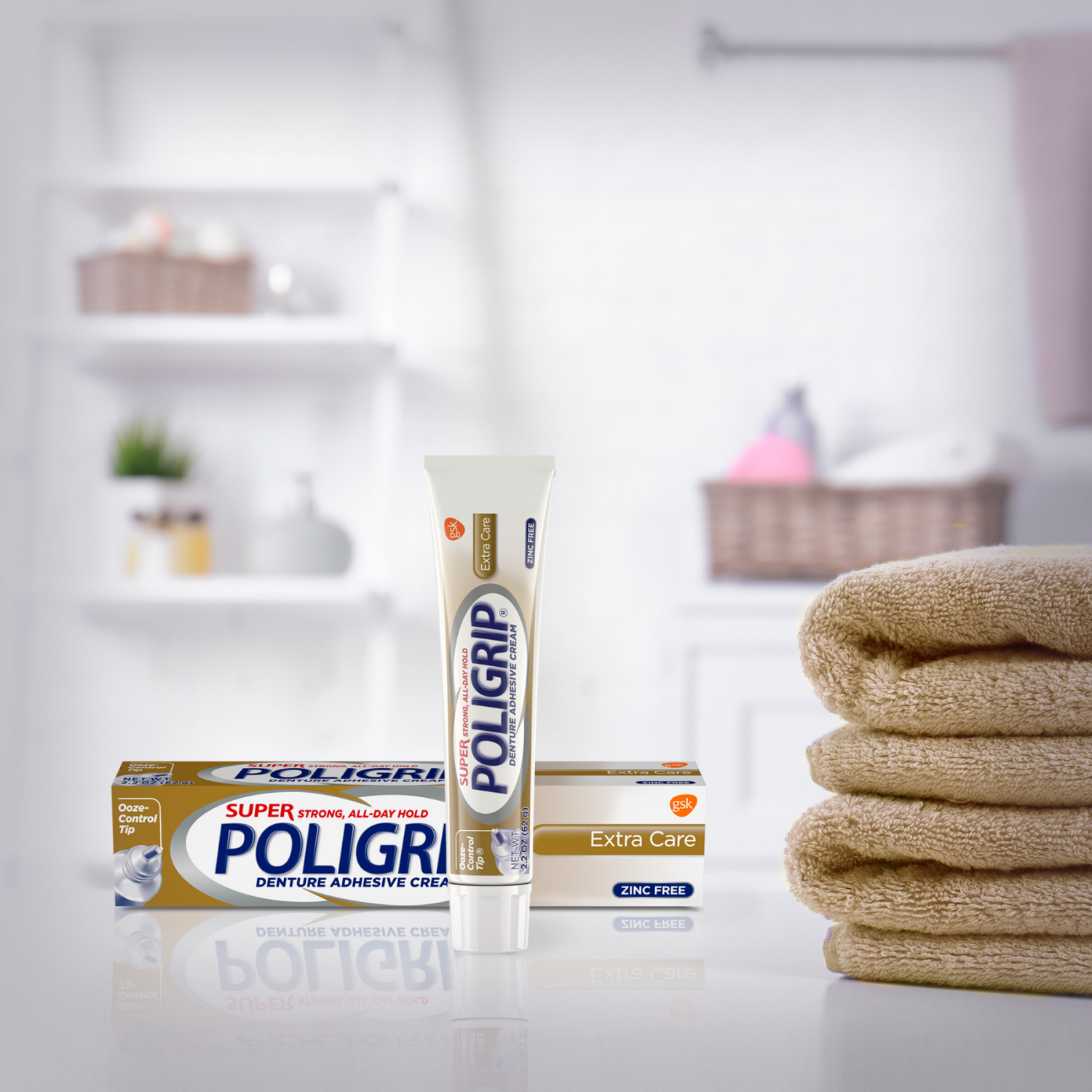 slide 3 of 8, Poligrip Super Poligrip Extra Care Zinc Free Denture and Partials Adhesive Cream, 2.2 Ounce Twinpack, 2 ct