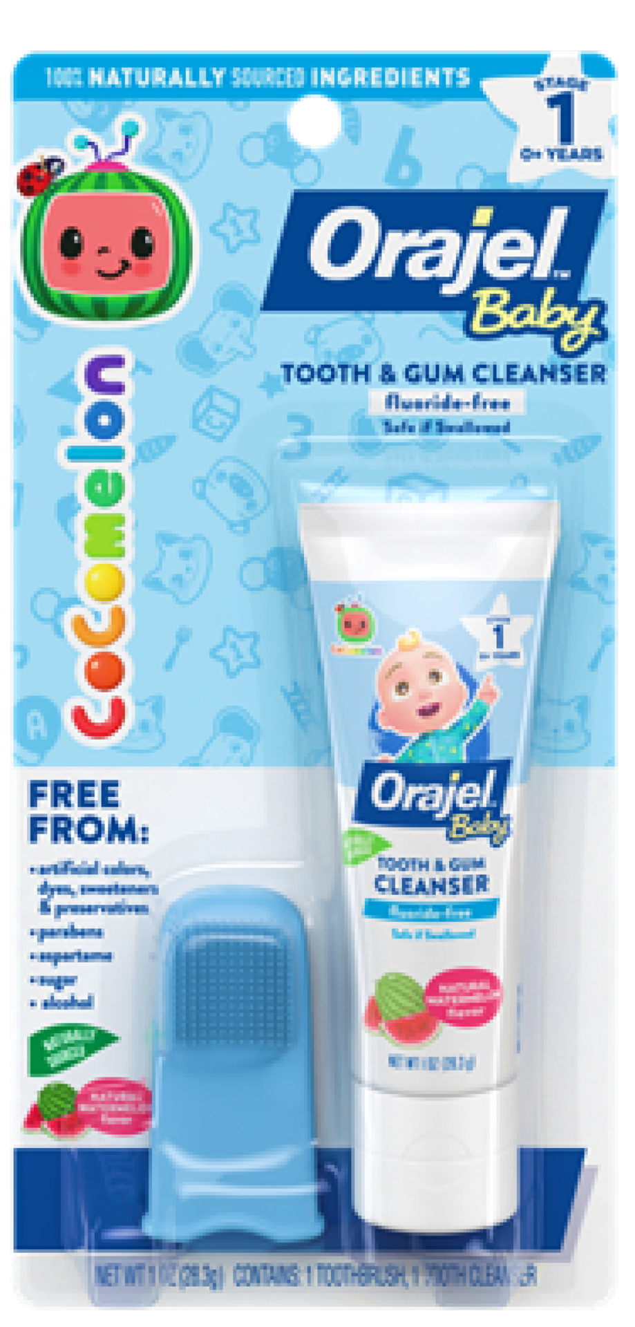 slide 1 of 1, Orajel Baby CoComelon Tooth & Gum Cleanser Fluoride-Free, 1 Soft Finger Brush, 1 Toothpaste 1oz, 1 oz