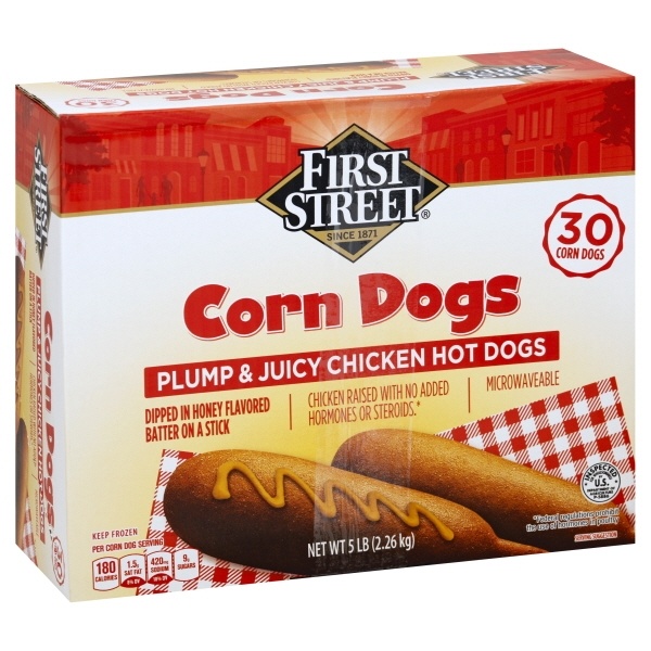 slide 1 of 1, First Street Chicken Corn Dogs, 5 lb