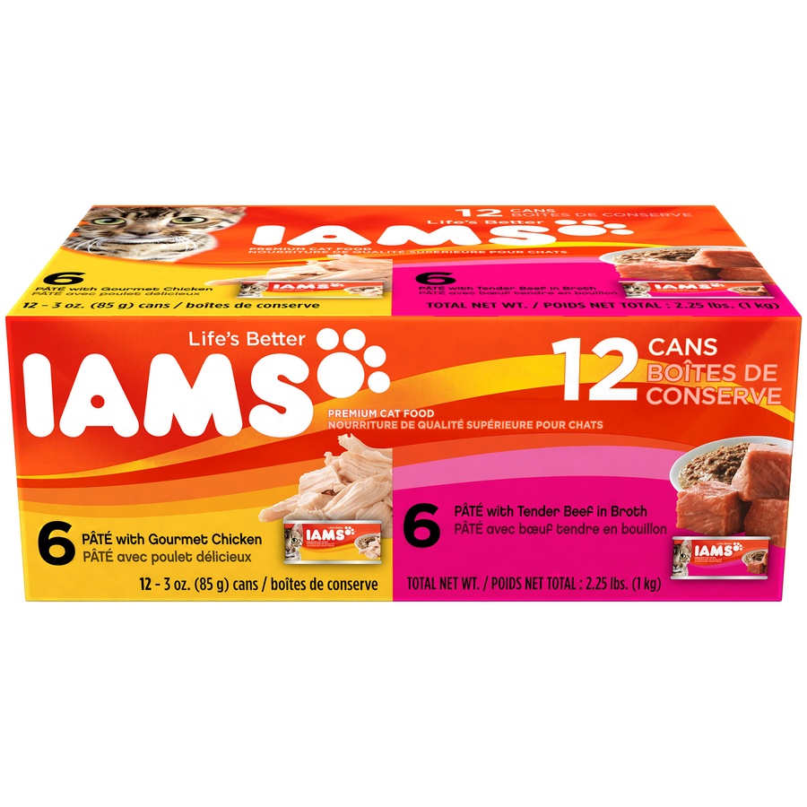 slide 1 of 1, IAMS Premium Pate Cat Food Chicken Beef Variety, 12 ct; 3 oz