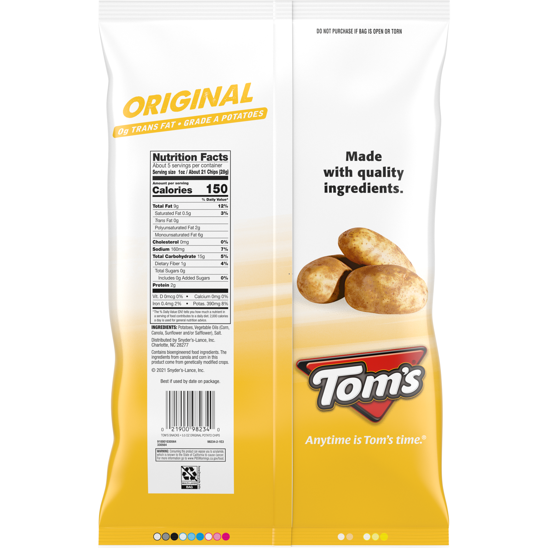 slide 5 of 5, Tom's Potato Chips, Original, 5.5 Oz Bag, 5.500 oz