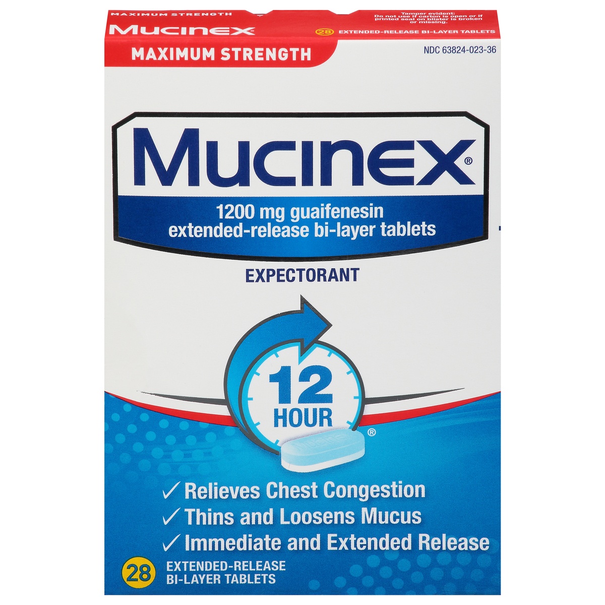 slide 1 of 1, Mucinex Maximum Strength 12 Hour Chest Congestion Expectorant Relief Tablets, 1200 mg, 28 Count, Thins & Loosens Mucus, 28 ct