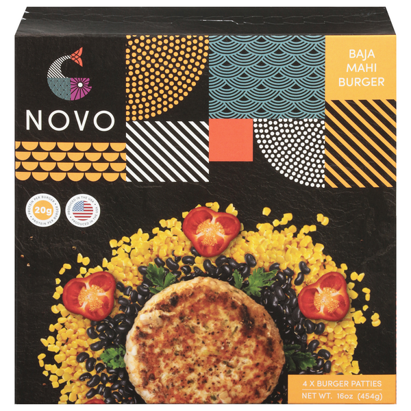 slide 1 of 1, Novo Wild Caught Baja Mahi Burger Patties - 4 ct Frozen, 4 ct; 16 oz