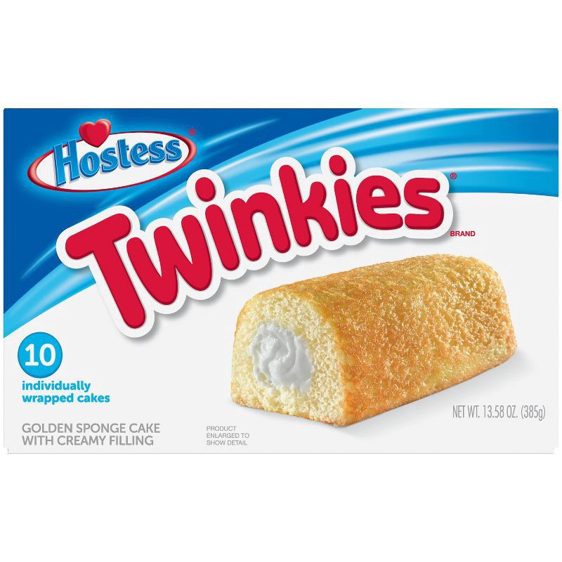 slide 1 of 9, HOSTESS TWINKIES, Creamy Golden Sponge Cake, Individually Wrapped, 10 Count 13.58 oz, 10 ct