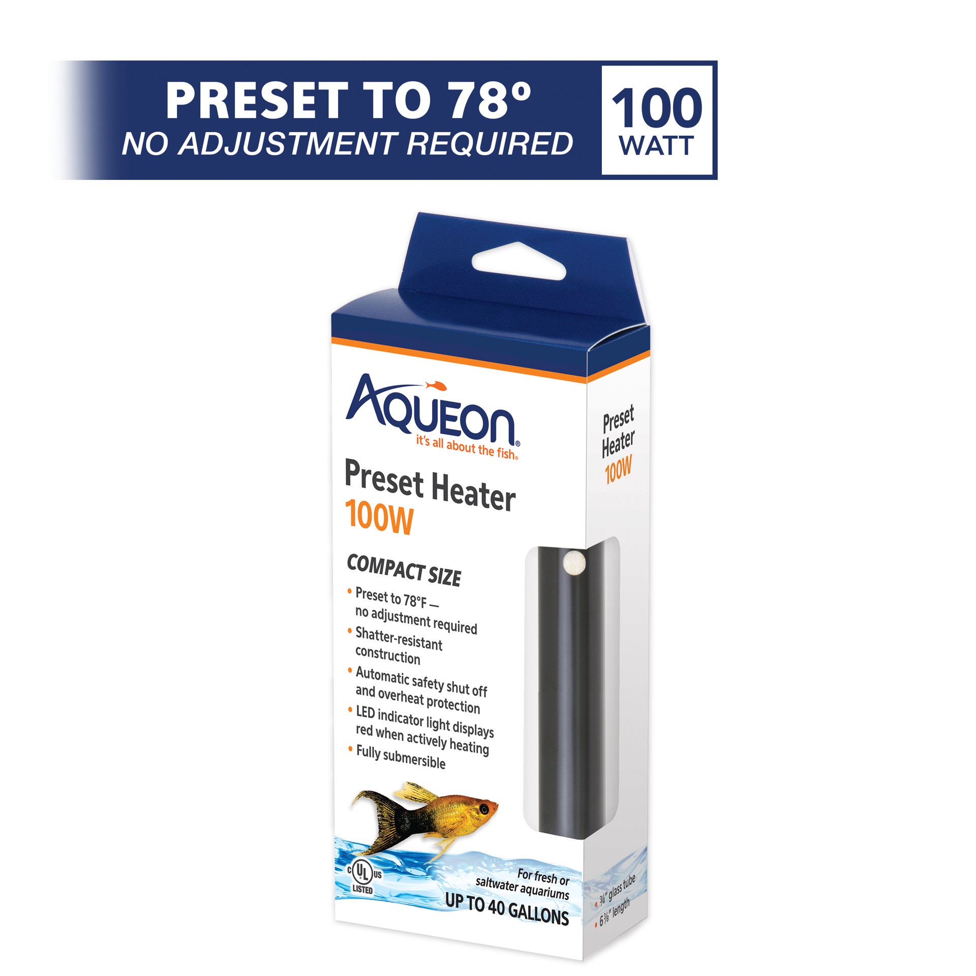 slide 2 of 10, Aqueon Preset Aquarium Heater Black, 100 Watts, Up to 30 Gallons, 1 ct