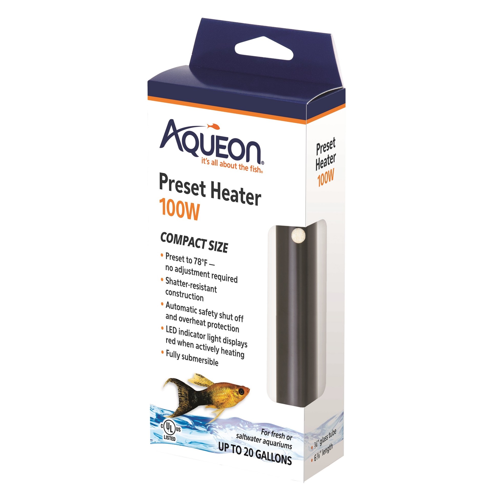 slide 1 of 10, Aqueon Preset Aquarium Heater Black, 100 Watts, Up to 30 Gallons, 1 ct