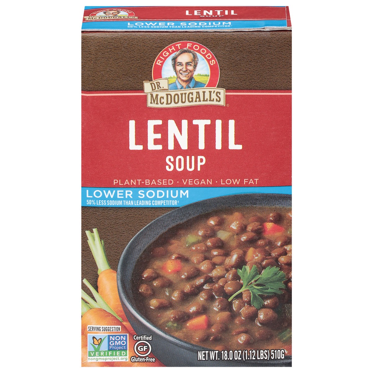 slide 1 of 12, Dr. McDougall's Lower Sodium Lentil Soup 18.0 oz, 18 oz