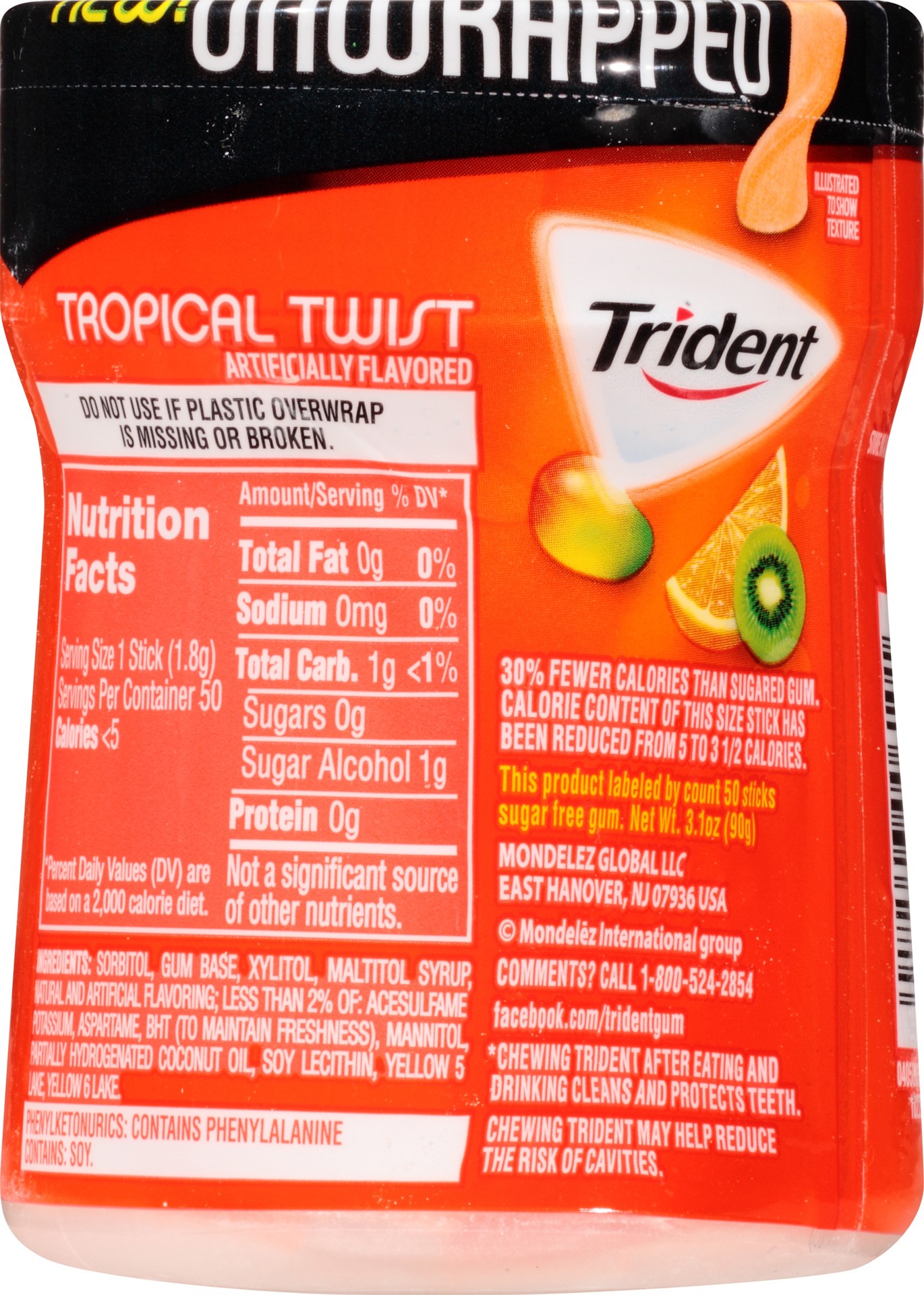 slide 2 of 5, Trident Unwrapped Sugar Free Gum, Tropical Twist Flavor, 1 Go-Cup (50 Pieces Total), 0.26 lb