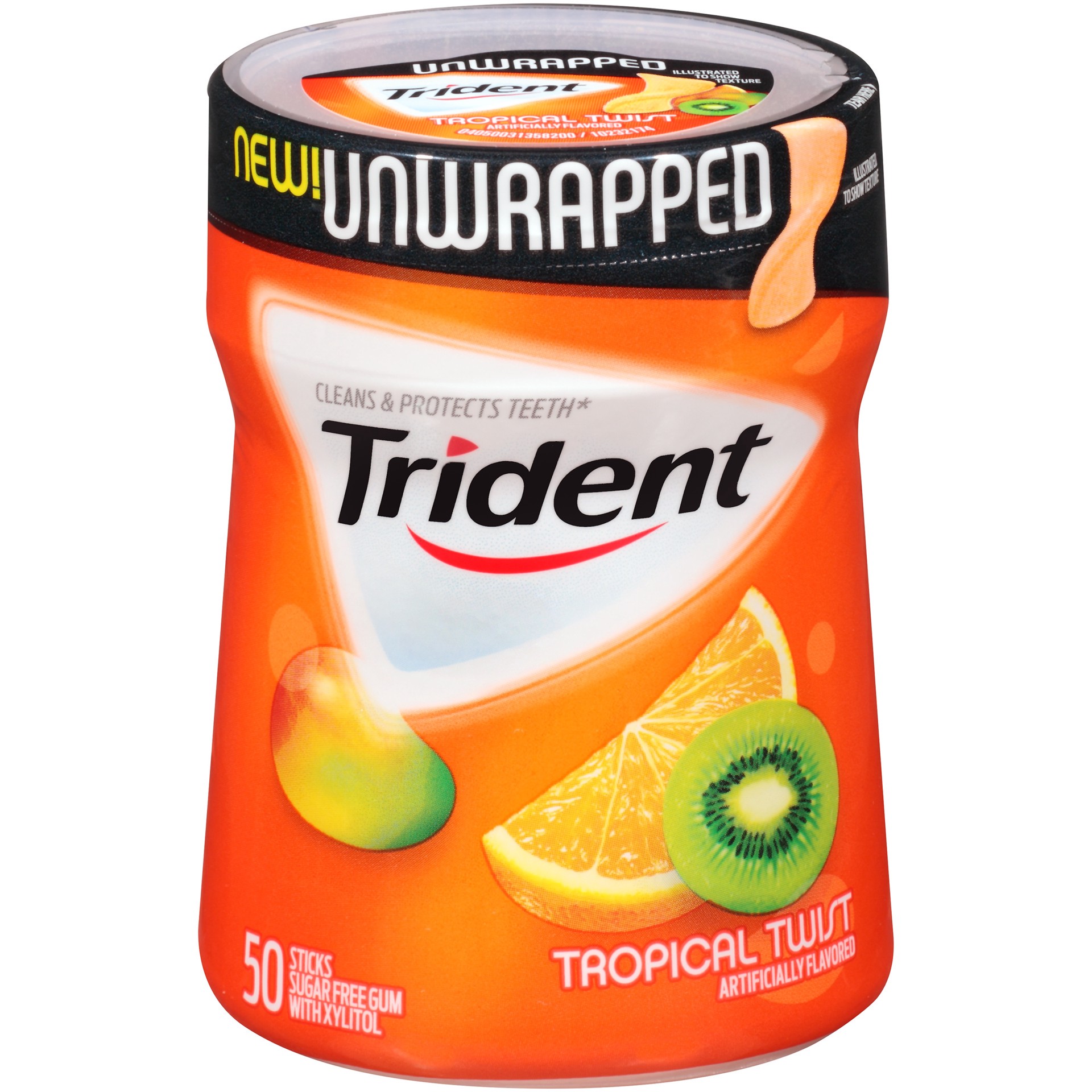 slide 1 of 5, Trident Unwrapped Sugar Free Gum, Tropical Twist Flavor, 1 Go-Cup (50 Pieces Total), 0.26 lb