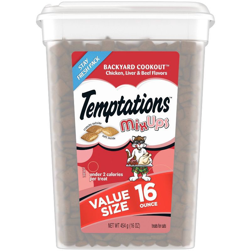 slide 1 of 12, Temptations Mix Ups Backyard Cookout Crunchy with Chicken, Beef and Liver Flavor Cat Treats - 16oz, 16 oz