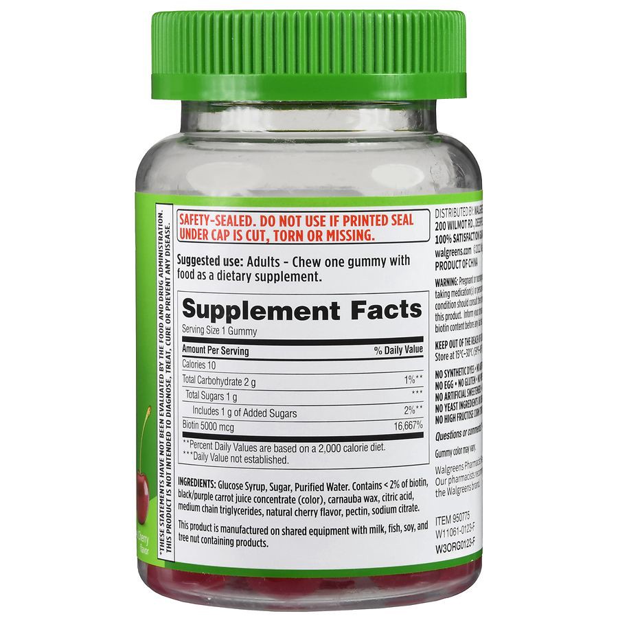 slide 5 of 5, Walgreens Biotin 5000 mcg Gummies Natural Cherry, 60 ct