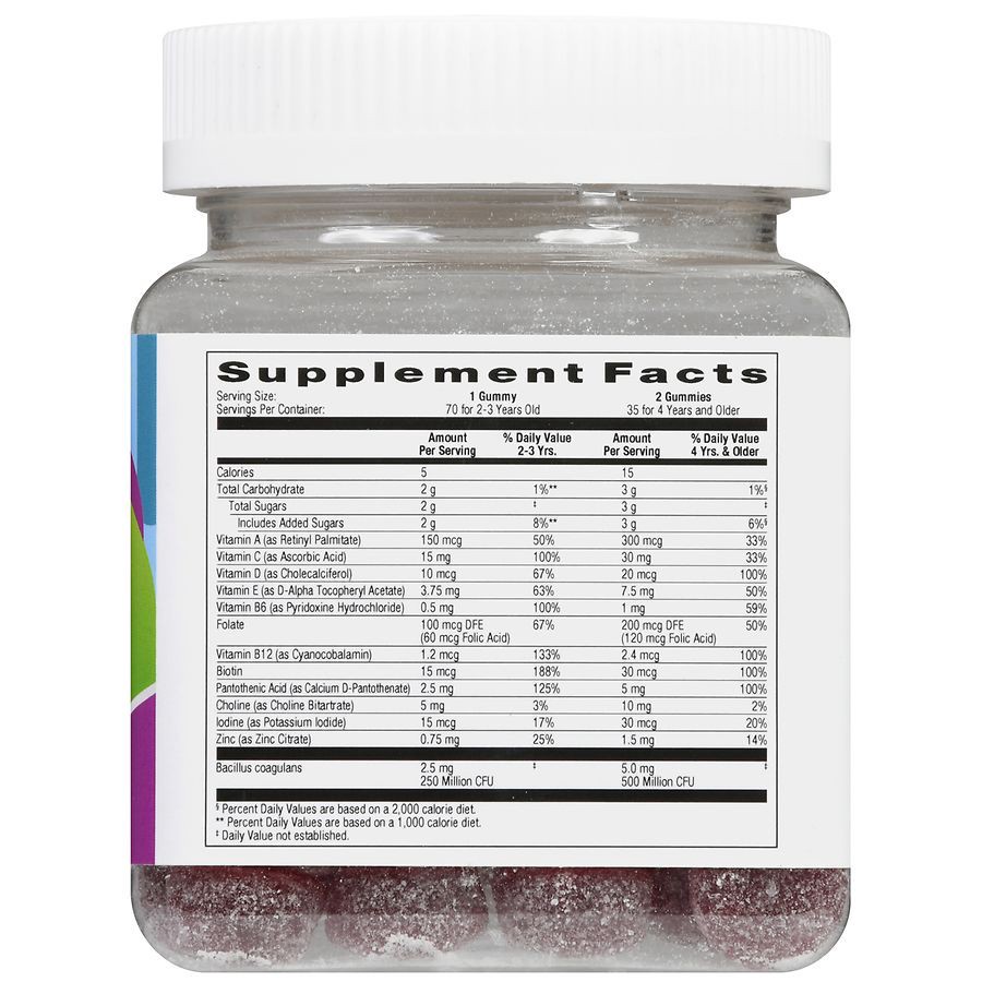 slide 4 of 5, Walgreens Children's Multivitamin + Probiotic Gummies Strawberry, Peach, Mixed Berry & Elderberry, 70 ct