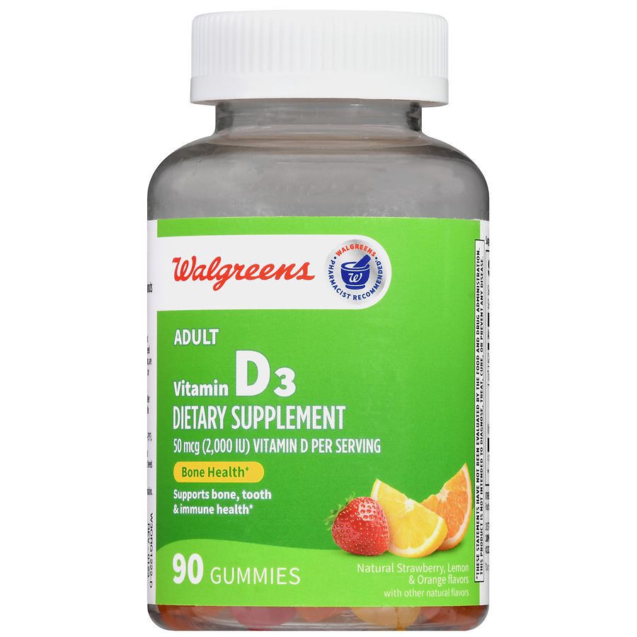 slide 5 of 5, Walgreens Adult Vitamin D3 50 mcg (2,000 IU) Gummies Natural Strawberry, Lemon & Orange, 90 ct