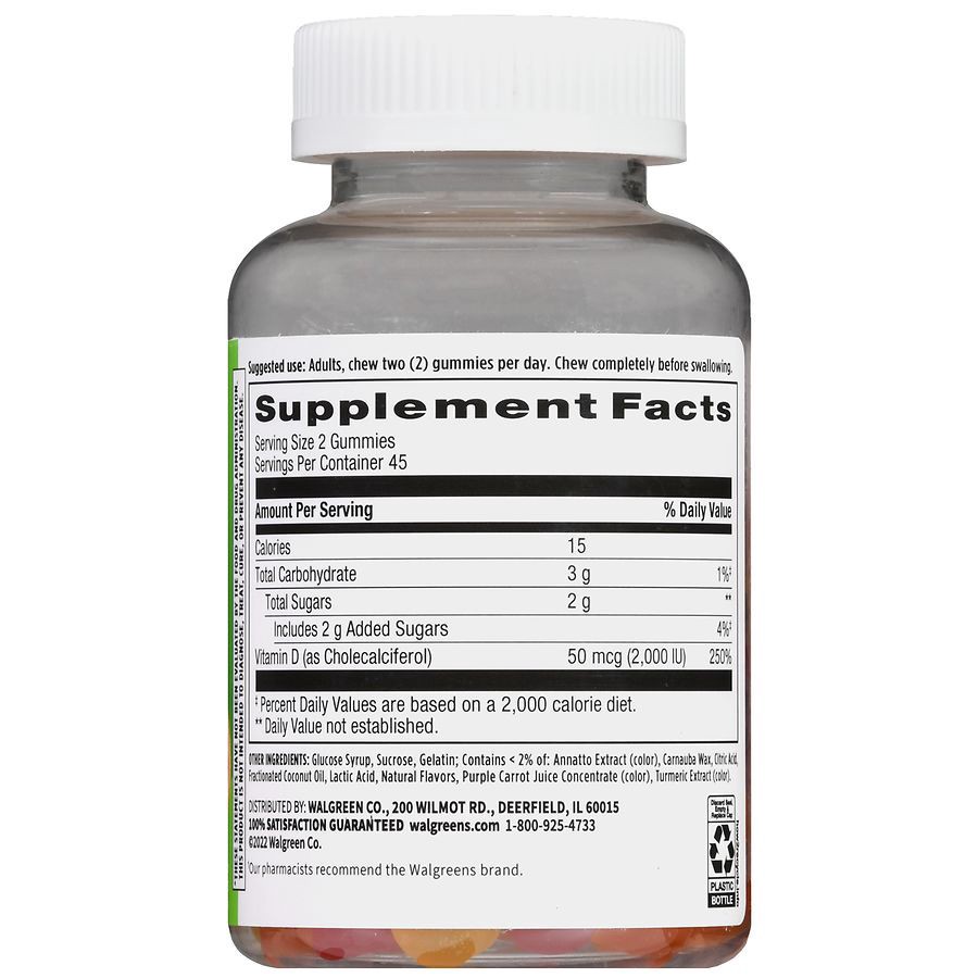 slide 2 of 5, Walgreens Adult Vitamin D3 50 mcg (2,000 IU) Gummies Natural Strawberry, Lemon & Orange, 90 ct