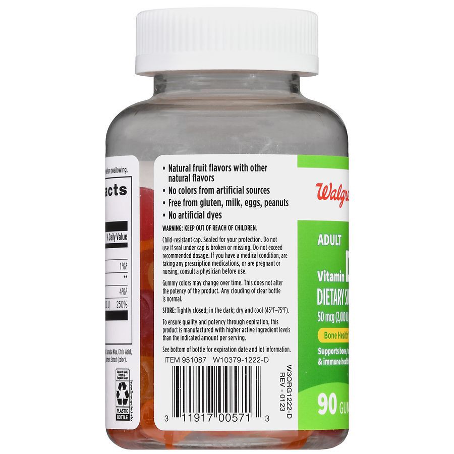 slide 4 of 5, Walgreens Adult Vitamin D3 50 mcg (2,000 IU) Gummies Natural Strawberry, Lemon & Orange, 90 ct