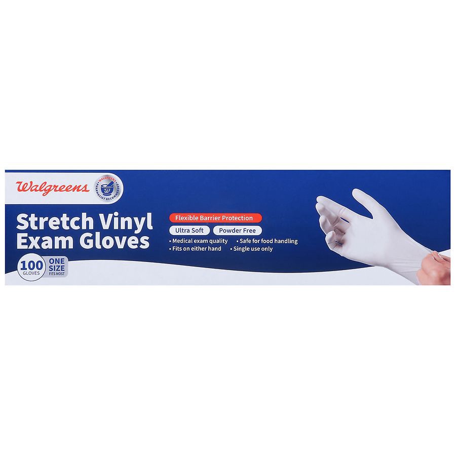 slide 5 of 5, Walgreens Stretch Vinyl Exam Gloves One Size Fits Most, 100 ct