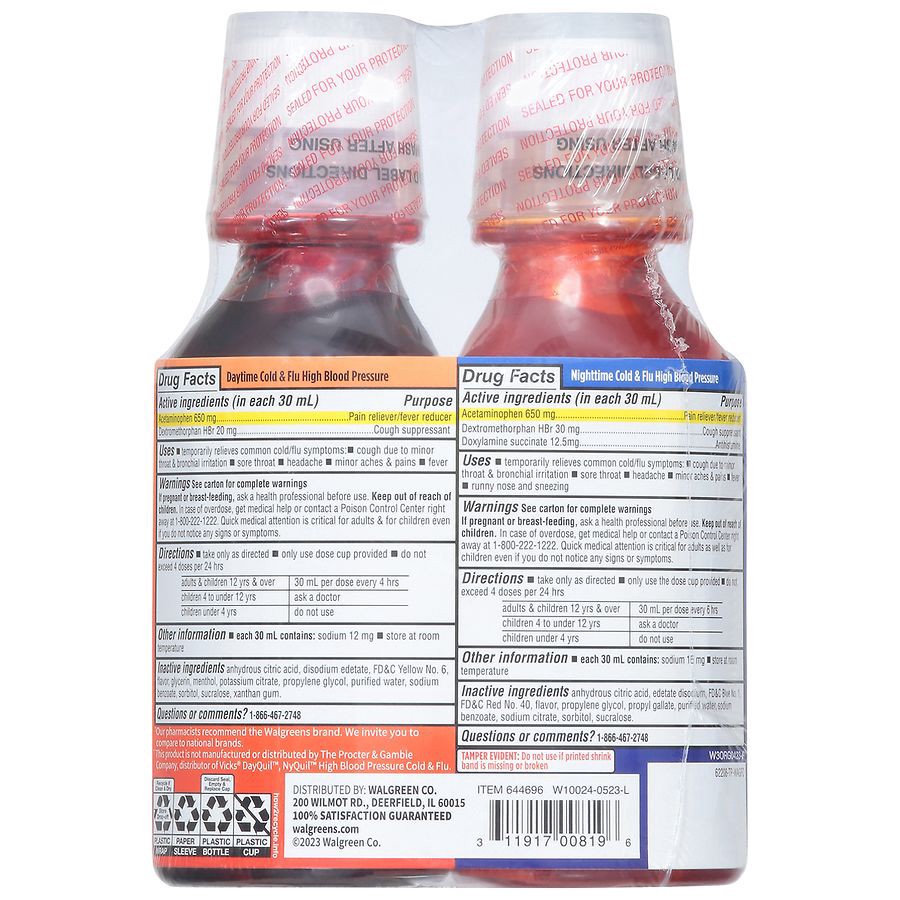 slide 4 of 4, Walgreens Cold & Flu High Blood Pressure Liquid Day & Night Pack, 8 fl oz x 2 ct
