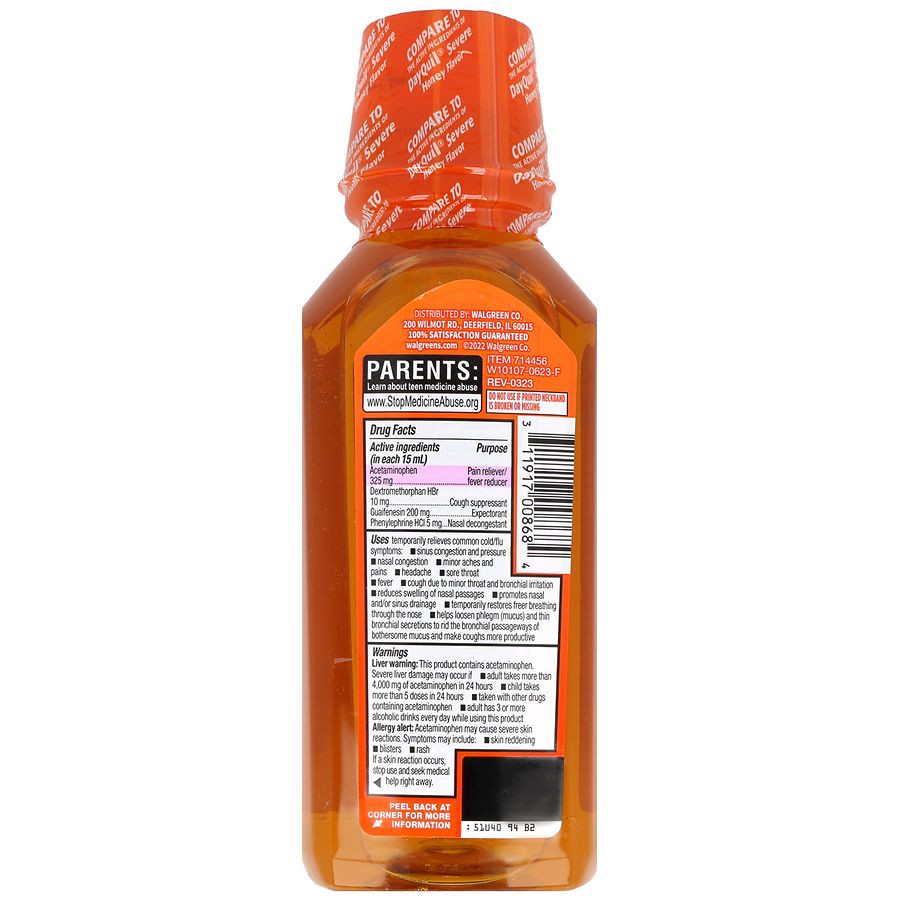 slide 3 of 5, Walgreens Daytime Severe Cold and Flu Relief, Liquid Medicine Honey, 12 fl oz