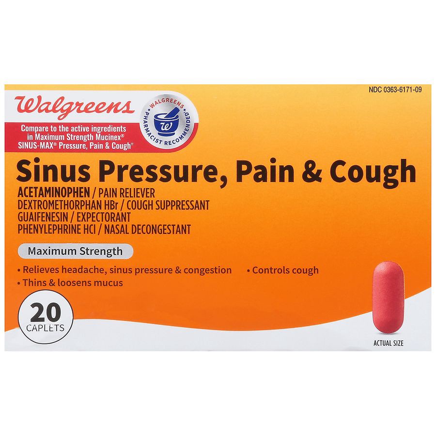 slide 4 of 5, Walgreens Sinus Pressure, Pain & Cough, Maximum Strength, Caplets, 20 ct