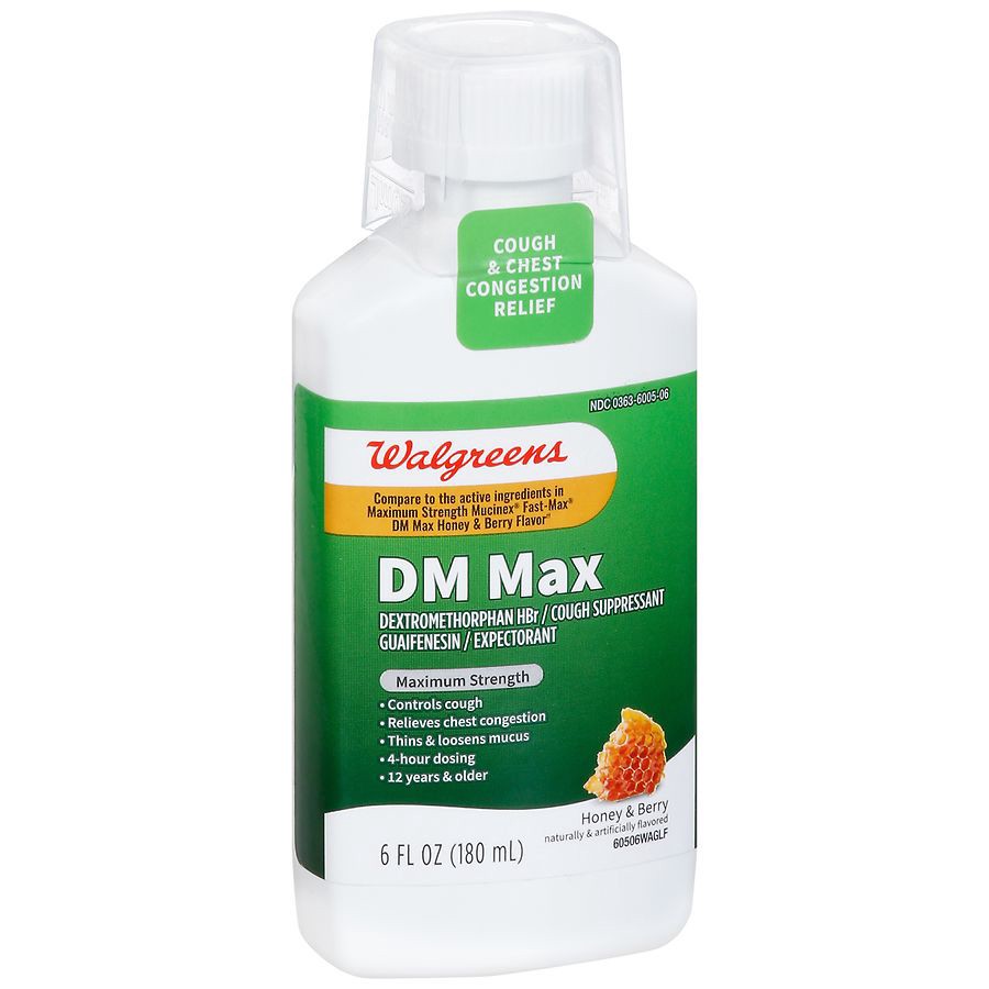 slide 4 of 5, Walgreens Maximum Strength DM Max Cough & Chest Congestion Relief Honey & Berry, 6 fl oz