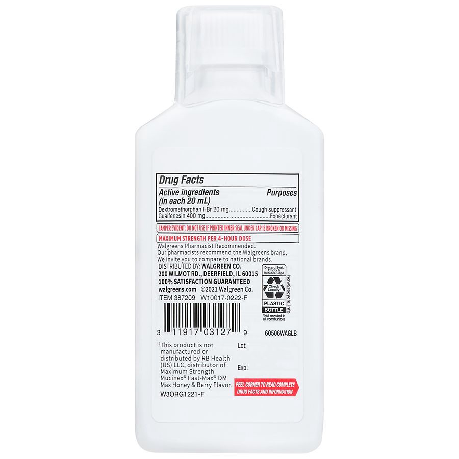 slide 3 of 5, Walgreens Maximum Strength DM Max Cough & Chest Congestion Relief Honey & Berry, 6 fl oz