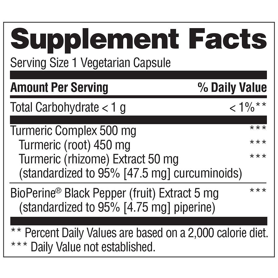 slide 4 of 4, Walgreens Enhanced Absorption Turmeric Complex 500mg + 5mg BioPerine, 60 ct