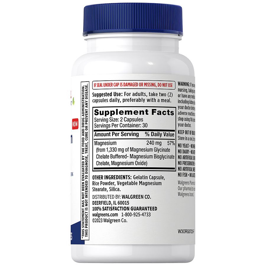 slide 2 of 4, Walgreens Free & Pure Magnesium Glycinate 1330 mg Capsules, 120 ct