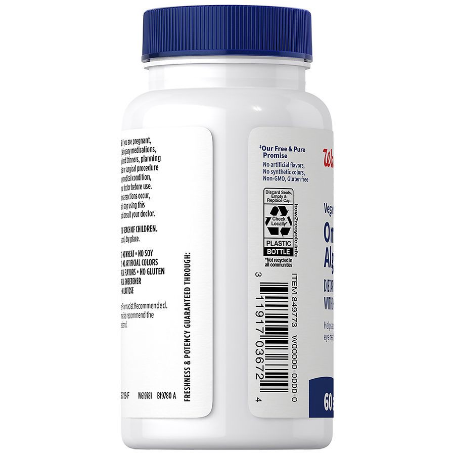 slide 3 of 4, Walgreens Free & Pure Vegan Omega Algae Oil with DHA Softgels, 60 ct