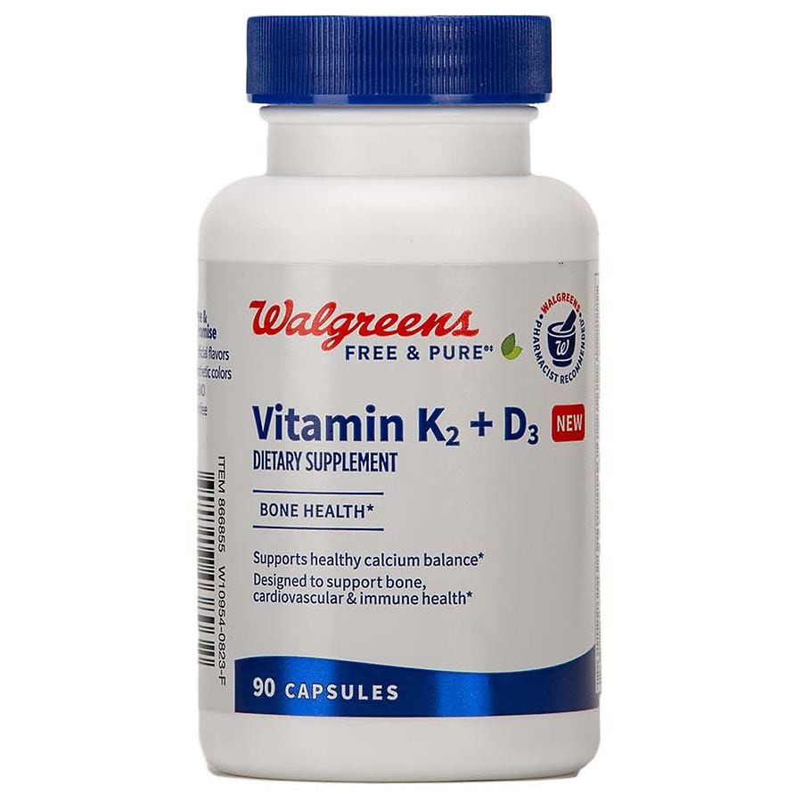 slide 4 of 5, Walgreens Free & Pure Vitamin K2 + D3 Capsules, 90 ct