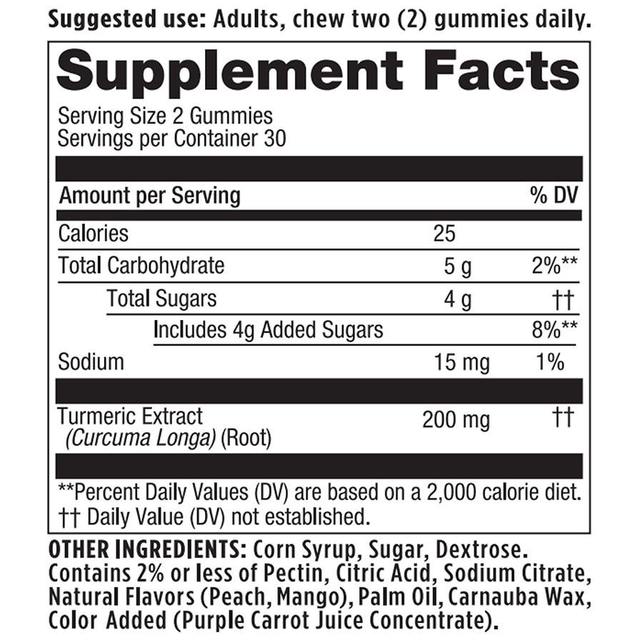 slide 3 of 3, Walgreens Free & Pure Turmeric 200mg Gummies Natural Peach & Mango, 60 ct