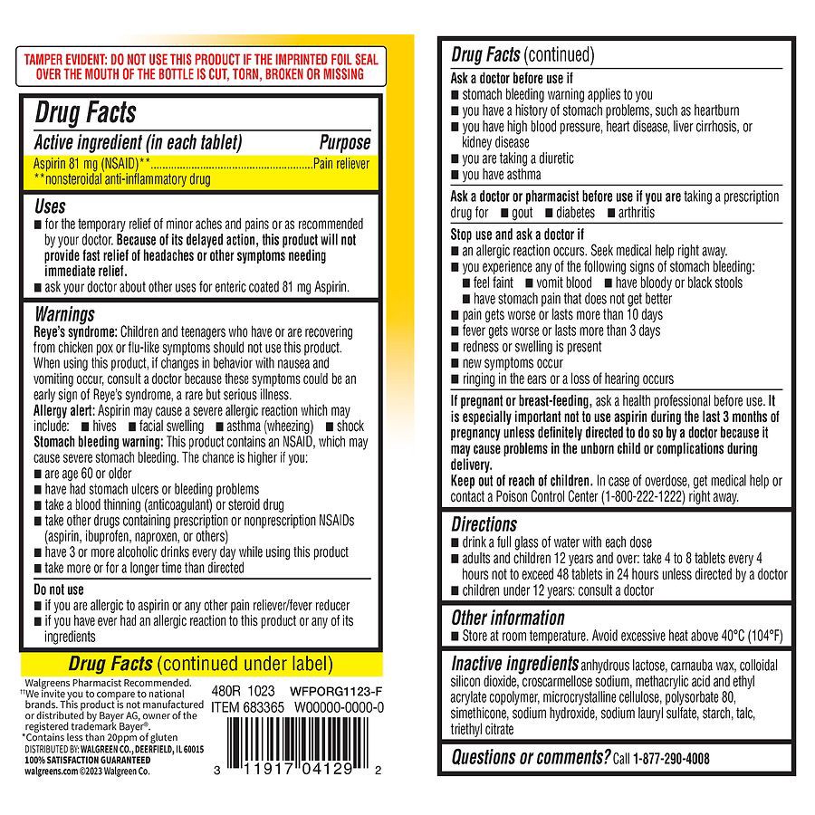 slide 3 of 3, Walgreens Free & Pure Aspirin 81 mg, Enteric-Coated Tablets, 1000 ct