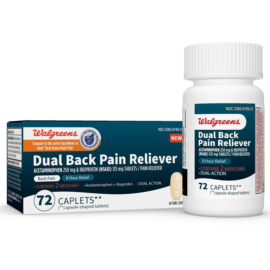 slide 5 of 5, Walgreens Dual Action Acetaminophen & Ibuprofen (NSAID) Tablets, 250 mg/125 mg, Back Pain, 72 ct