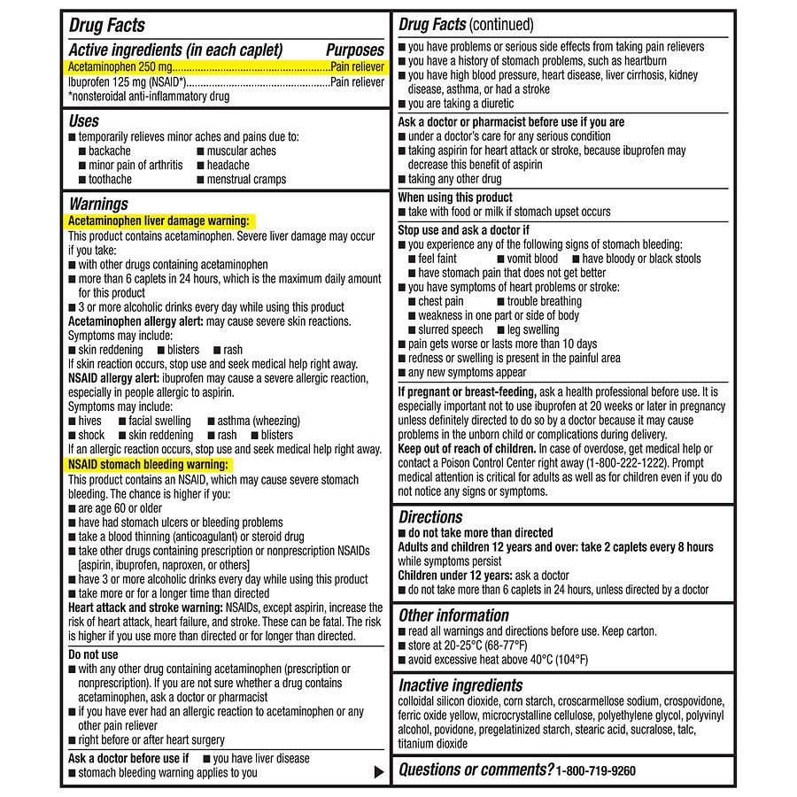 slide 2 of 5, Walgreens Dual Action Acetaminophen & Ibuprofen (NSAID) Tablets, 250 mg/125 mg, Back Pain, 72 ct