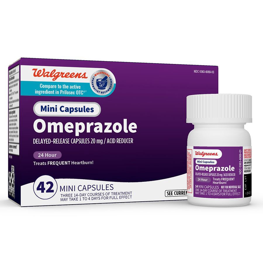 slide 5 of 5, Walgreens Omeprazole Delayed Release Mini Capsules 20 mg, Acid Reducer, 42 ct