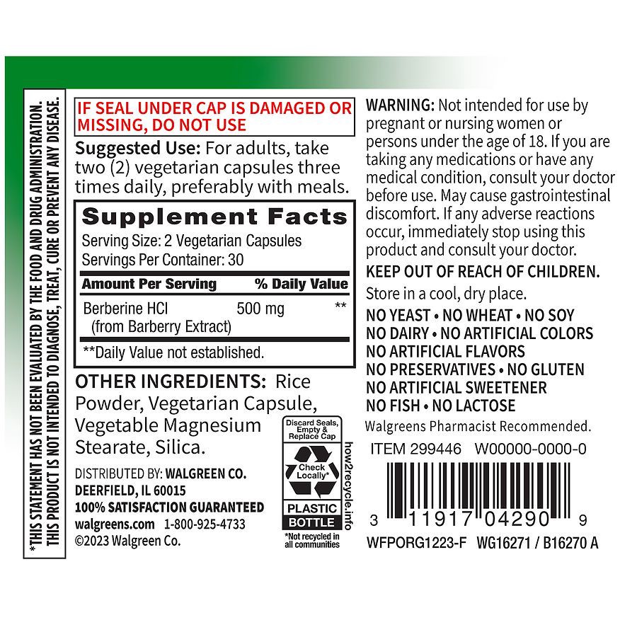 slide 3 of 4, Walgreens Free & Pure Berberine HCI Capsules, 60 ct