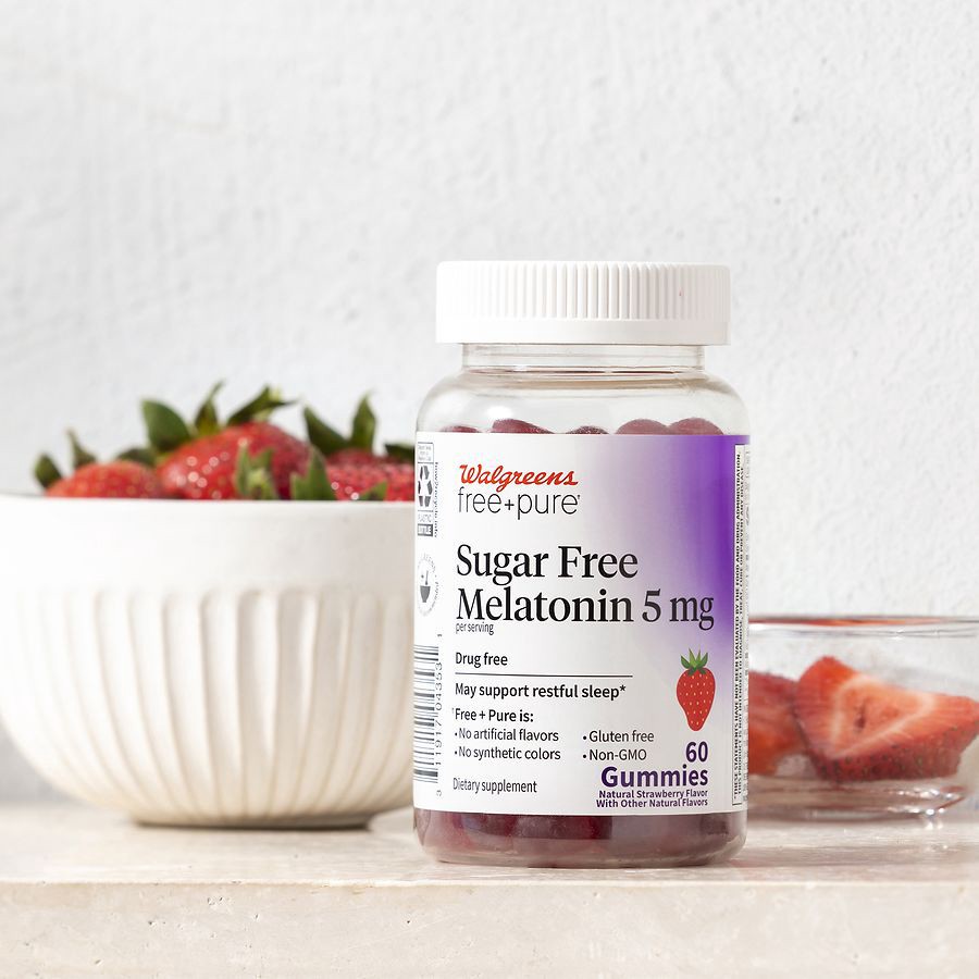 slide 2 of 3, Walgreens Free & Pure Sugar Free Melatonin 5 mg Gummies Natural Strawberry, 60 ct