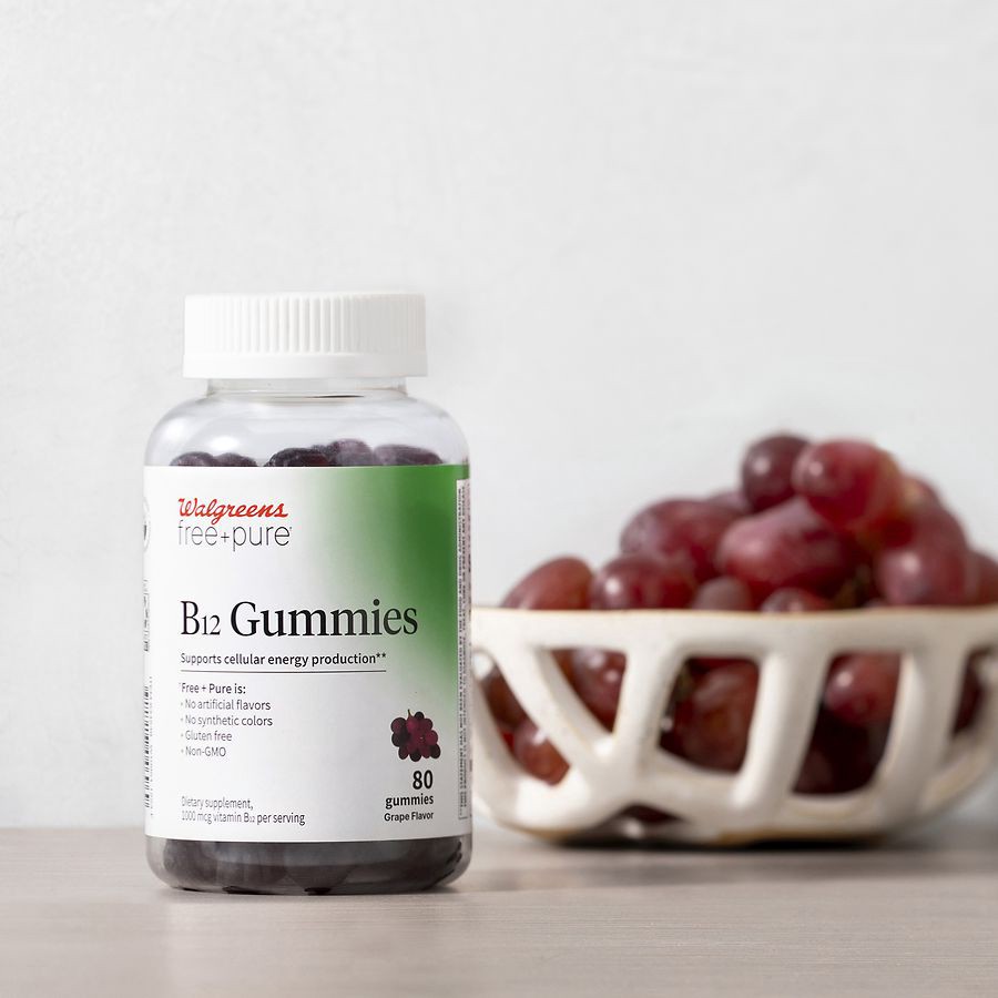 slide 4 of 5, Walgreens Free & Pure Energy B12 1000 mcg Adult Gummy Grape, 80 ct