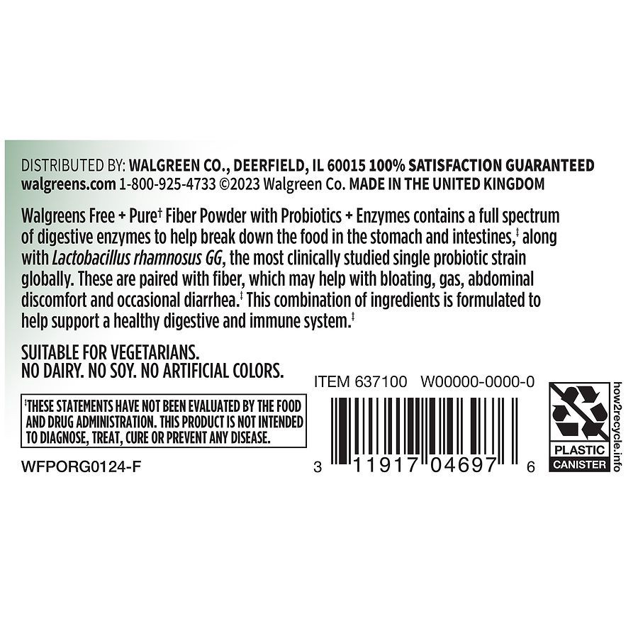 slide 3 of 4, Walgreens Free & Pure Fiber Powder with Probiotics + Enzymes, 4.2 oz